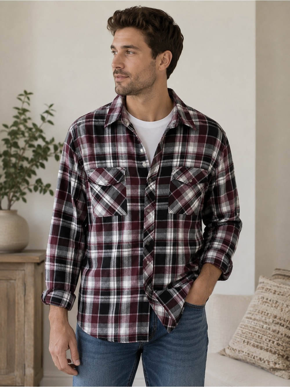 Distillery Apparel Burgundy Black Plaid Long Sleeve Pearl Snap Flannel Shirt L